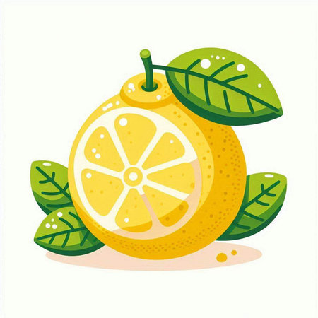 Lemon with leaves on a white background. Vector illustration in flat style.のイラスト素材