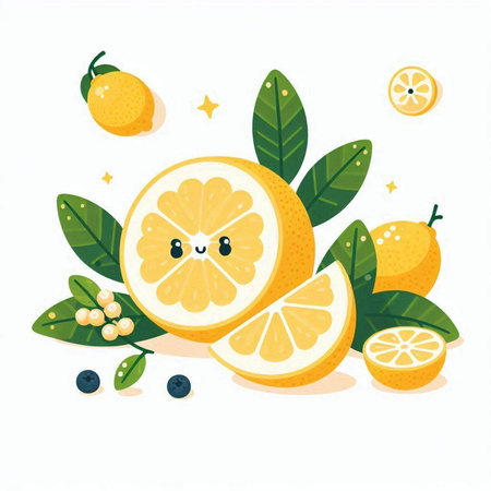 Cute cartoon lemons with leaves and berries. Vector illustration.のイラスト素材