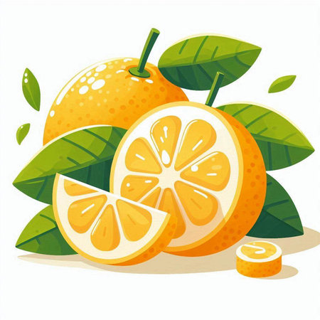 Orange fruit with leaves and slices isolated on white background. Vector illustration.のイラスト素材