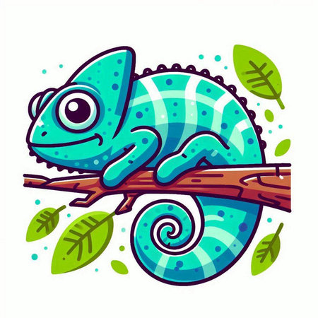 Cute cartoon chameleon on the branch. Vector illustration.のイラスト素材