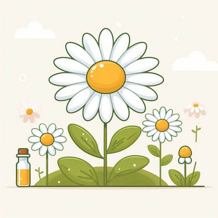 Chamomile flower and a bottle of essential oil. Vector illustrationのイラスト素材