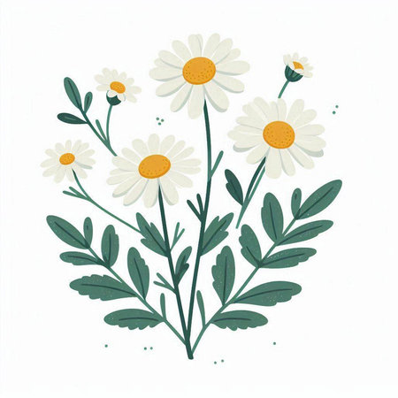Chamomile flowers with leaves. Hand drawn vector illustration.のイラスト素材