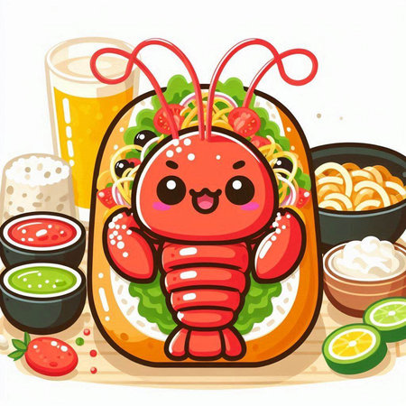 Cute lobster with kawaii sushi and drinks, vector illustrationのイラスト素材