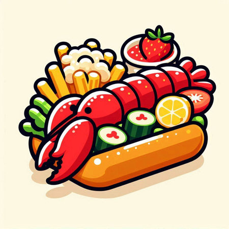 Illustration of a hot dog with french fries, salad and strawberryのイラスト素材
