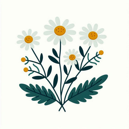 chamomile flowers with leaves on a white background. vector illustrationのイラスト素材