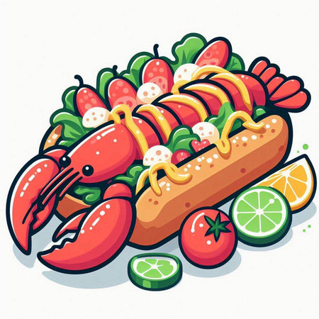Illustration of a hot dog with tomato, lemon and cucumberのイラスト素材