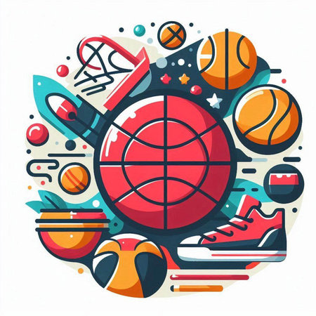 Basketball sport background. Vector illustration with basketball ball, racket, ball, sneakers, basketball ball, basketball basket and tennis racket.のイラスト素材