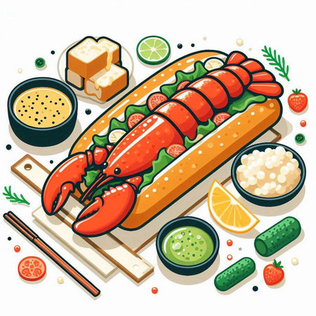 Vector illustration of hot dog with vegetables and sauce on white background.のイラスト素材