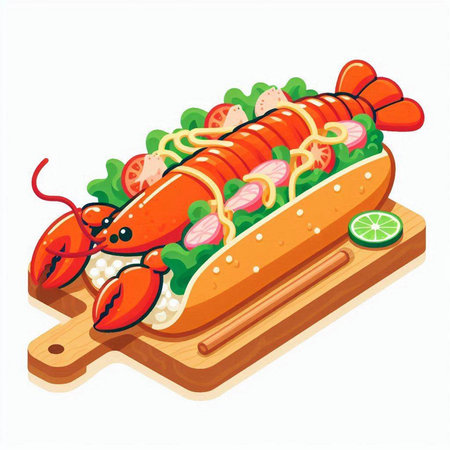 Illustration of a hot dog with sausages, lettuce and tomatoのイラスト素材