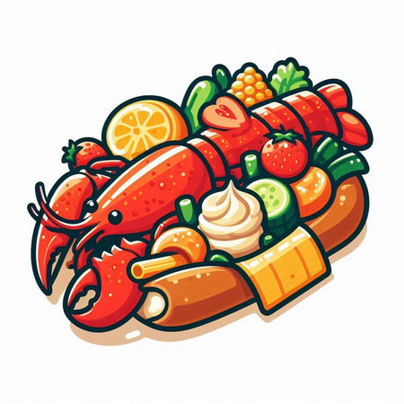 Lobster, tomato, cucumber, lemon and sour cream vector illustrationのイラスト素材