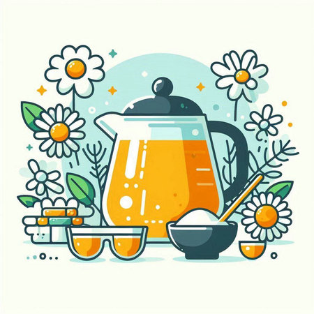 Vector illustration with teapot, honey and daisies.のイラスト素材