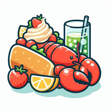 Lobster, lemon, ice cream and strawberries. Vector illustration.のイラスト素材