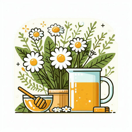 Honey and chamomile on a white background. Vector illustration.のイラスト素材