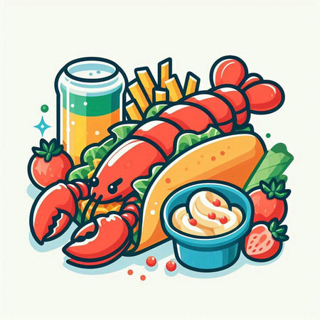 Illustration of a lobster and french fries with mayonnaise.のイラスト素材