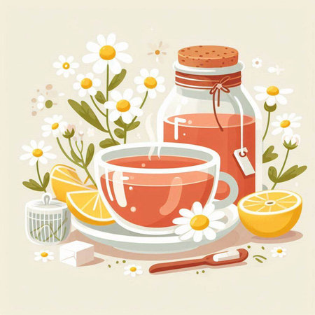 Cup of tea with lemon and chamomile. Vector illustrationのイラスト素材