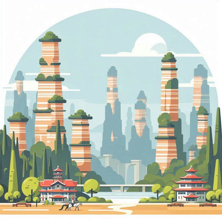 Landscape with buildings and pagodas. Vector illustration in flat styleのイラスト素材
