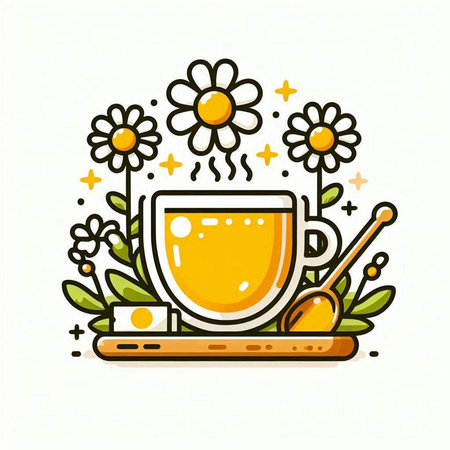 Cup of tea with honey and flowers. Vector illustration in doodle styleのイラスト素材