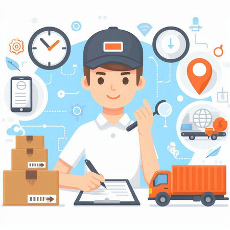 delivery man with parcel and truck on white background, vector illustrationのイラスト素材