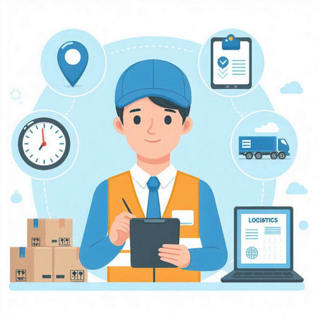 Delivery man with clipboard. Delivery man in uniform and cap. Vector illustrationのイラスト素材