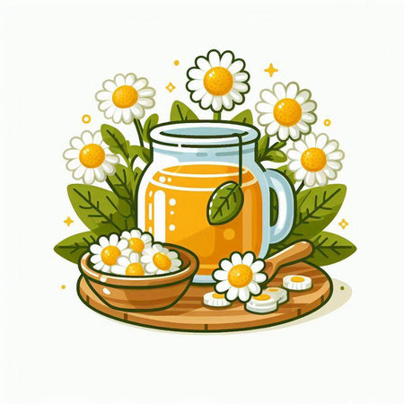 Jar of chamomile tea with chamomiles. Vector illustration.のイラスト素材