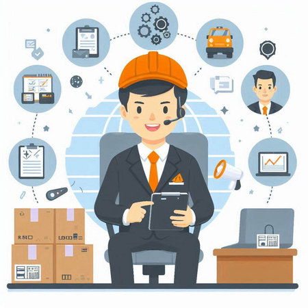 Warehouse staff. Manager in a helmet with a clipboard in his hands. Vector illustration.のイラスト素材