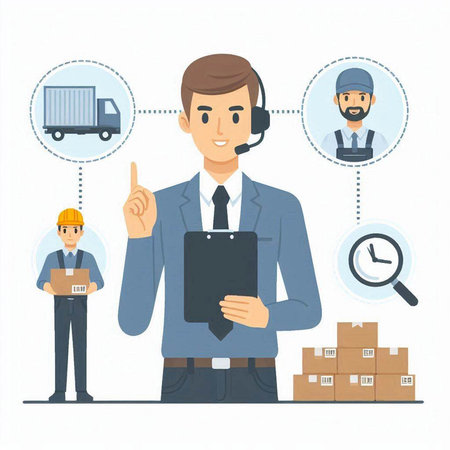 Vector illustration of a man in a helmet with a tablet in his hands. The concept of online shopping and delivery.のイラスト素材