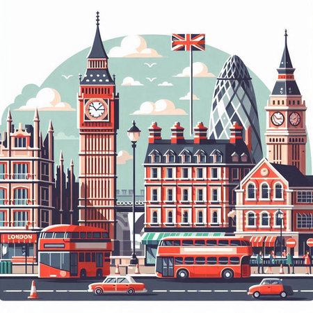 London, United Kingdom. Cityscape with famous buildings. Vector illustration.のイラスト素材