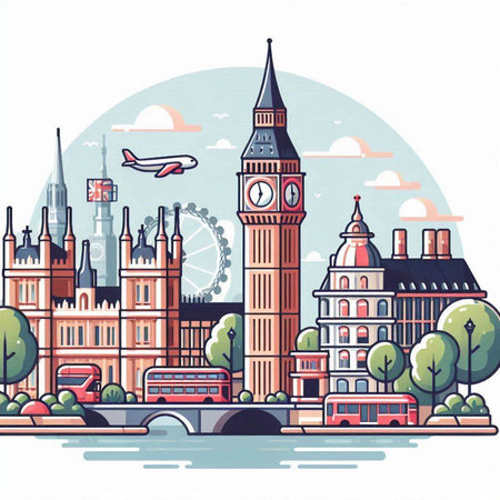 London city with famous buildings. Vector illustration in flat design style.のイラスト素材