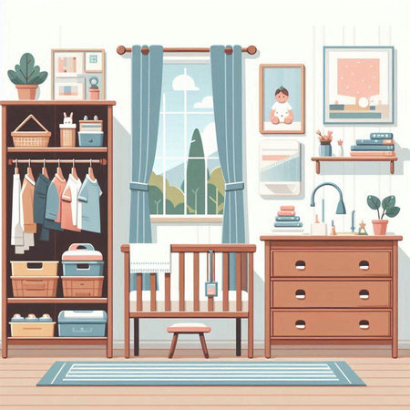 Interior of child room with furniture and accessories. Cartoon vector illustrationのイラスト素材