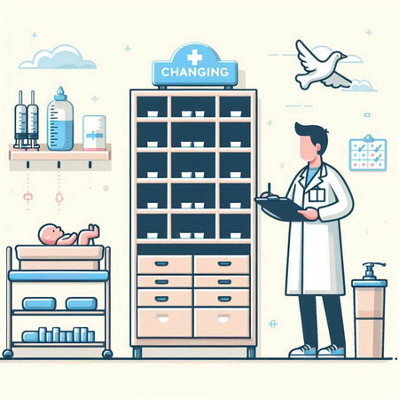 Vector illustration of a pharmacist standing in front of the pharmacy.のイラスト素材