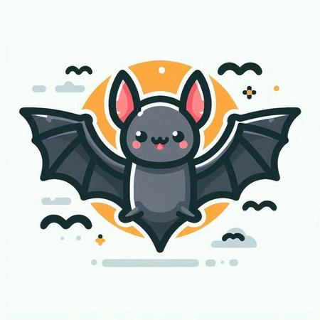 Cute happy bat flying in the night sky. Vector illustration.のイラスト素材