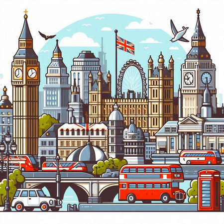 London city. Big Ben, Westminster Bridge, Double decker bus, London Bridge and Tower of London. Vector illustrationのイラスト素材