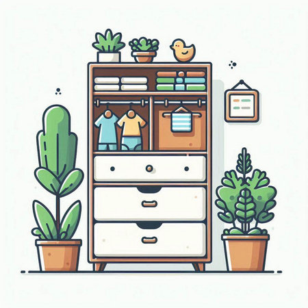 Cabinet with clothes. Vector illustration in flat linear style.のイラスト素材