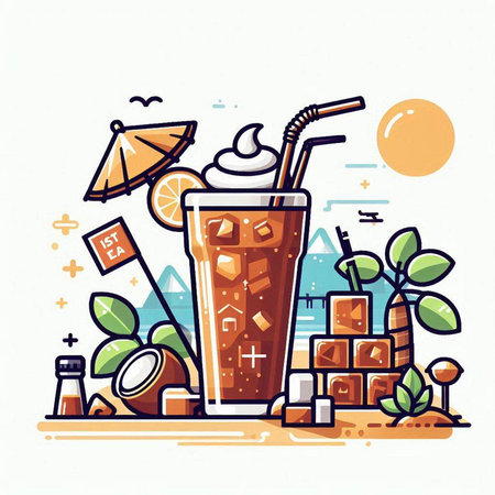Iced coffee on the beach. Vector illustration in line art style.のイラスト素材