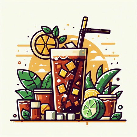 Cocktail with ice, lemon and mint. Vector illustration.のイラスト素材