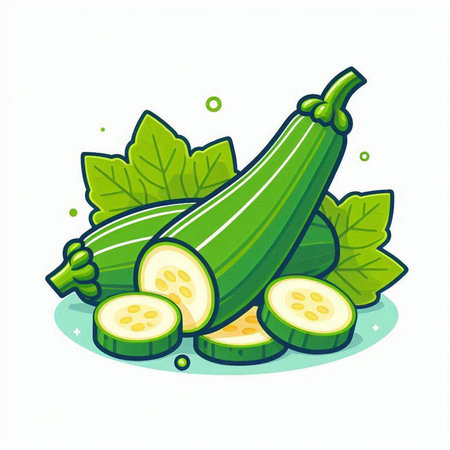 Zucchini with slices and leaves isolated on white background. Vector illustration.のイラスト素材