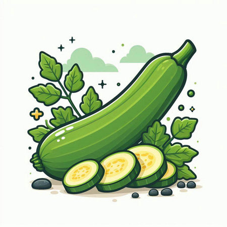 Illustration of zucchini with green leaves on white background.のイラスト素材