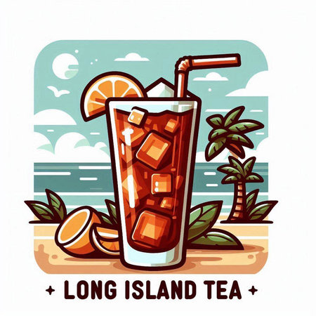 Long island cocktail with ice and orange on the beach. Vector illustrationのイラスト素材
