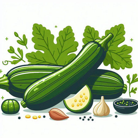 Zucchini, garlic, parsley and pepper. Vector illustration.のイラスト素材