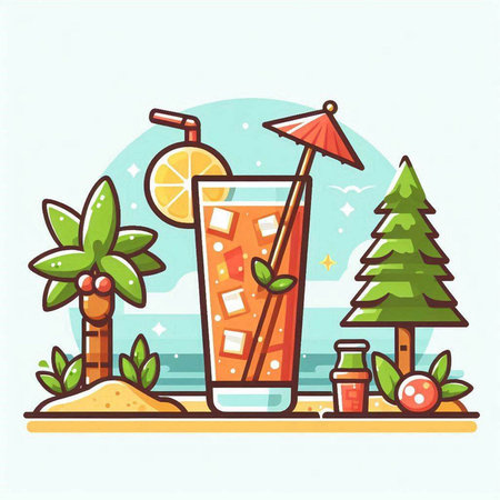 Cocktail on the beach. Vector illustration in flat style.のイラスト素材