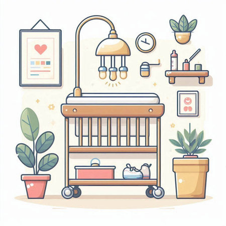 Baby room interior. Vector illustration in flat style. Baby room with bed, crib, bedside table, lamp, bookshelf, plants and other items.のイラスト素材