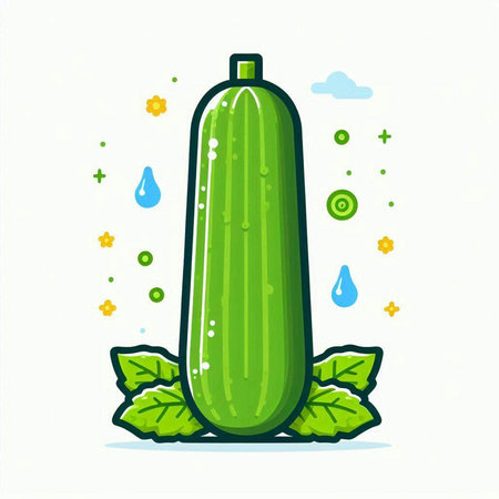 Cucumber with leaves and water drops. Vector illustration in cartoon style.のイラスト素材