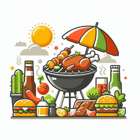 Barbecue grill with meat, vegetables and other food. Vector illustration.のイラスト素材