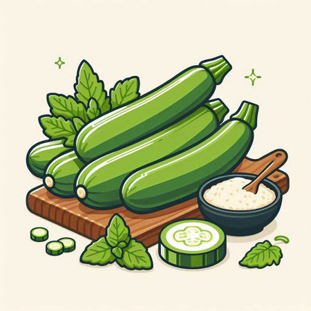Zucchini and ingredients for cooking on a wooden board. Vector illustration.のイラスト素材