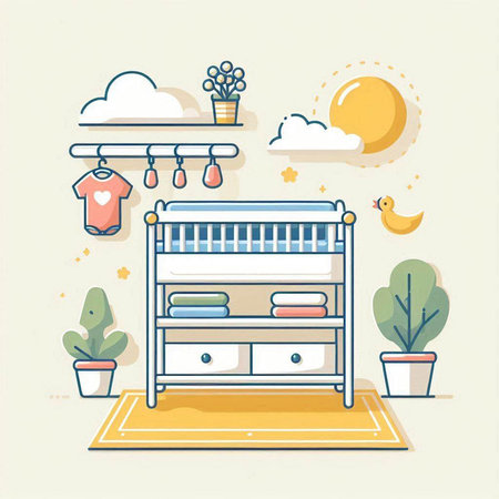 Vector illustration of baby room with furniture and toys. Flat style design.のイラスト素材