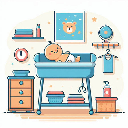 Baby room with toys. Cute flat vector illustration. Baby care concept.のイラスト素材