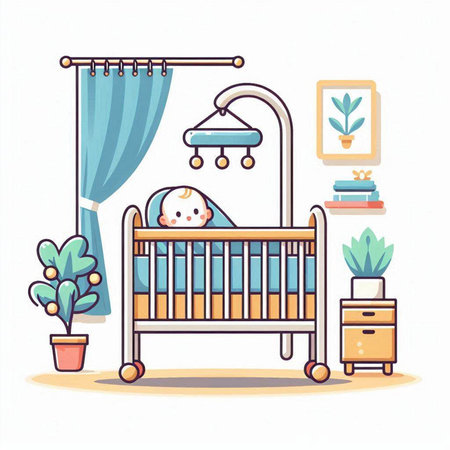 Illustration of a baby room with a crib and a cotのイラスト素材