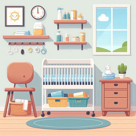 Illustration of a baby room interior with furniture and toys - vectorのイラスト素材