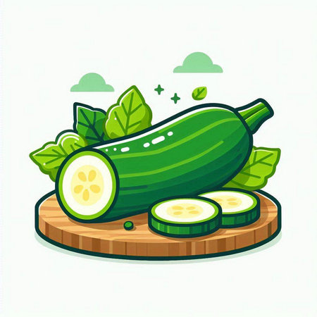 Cucumber and slices on a wooden board. Vector illustration.のイラスト素材
