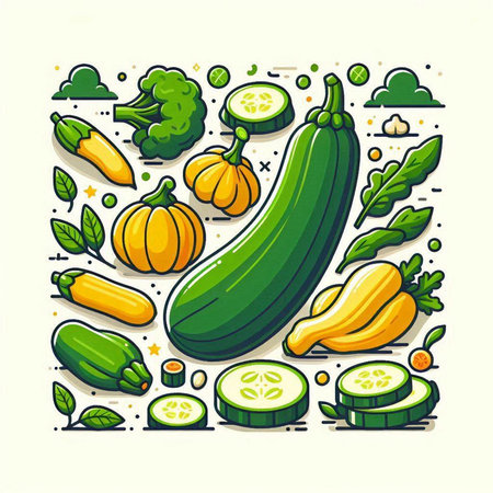 Vector illustration of zucchini and squash on white background. Vegetarian food.のイラスト素材